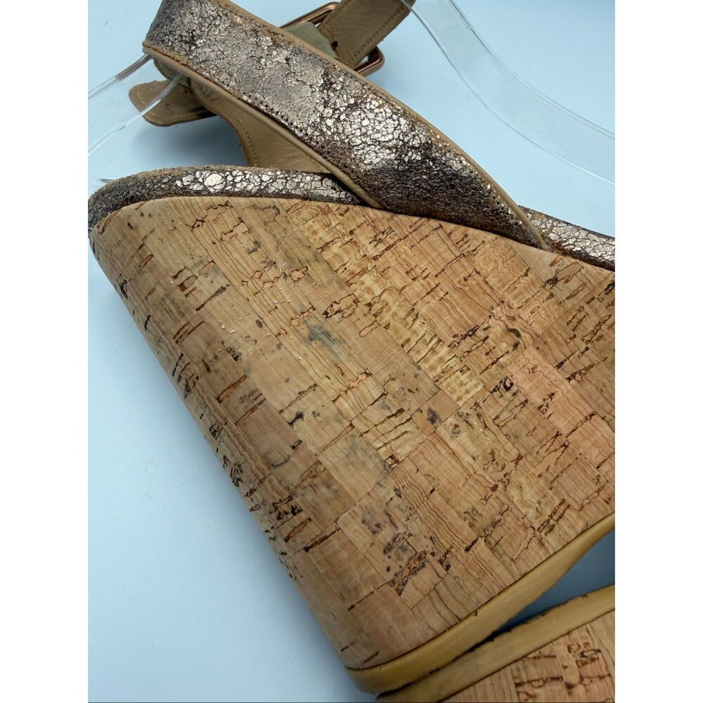 Stuart Weitzman Annex Penny Cork Wedge Sandals Metallic Crackle Leather 10.5 - Picture 6 of 12